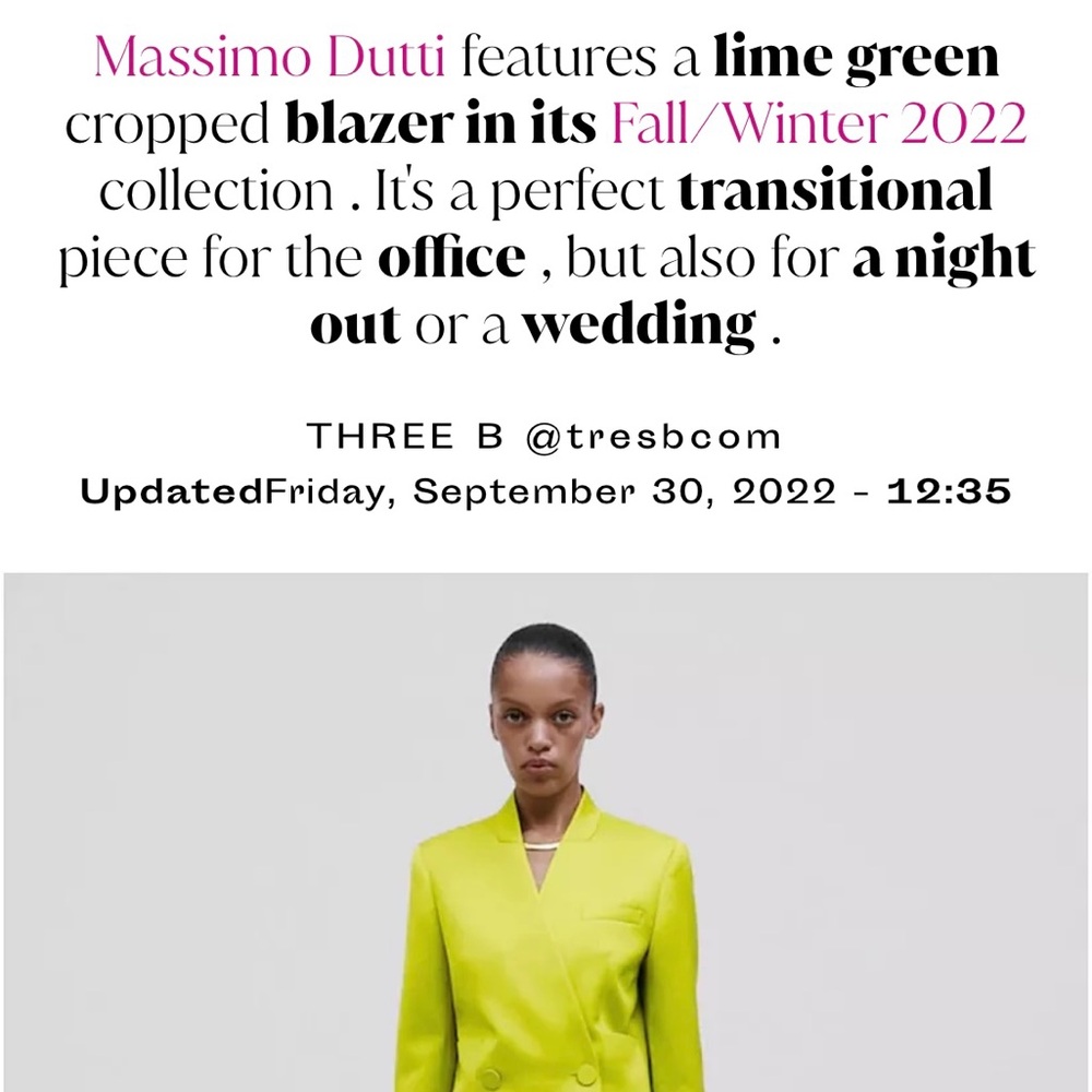 MASSIMO DUTTI
STUDIO DOUBLE-BREASTED CROPPED BLAZER IN LIME - Picture 2 of 9